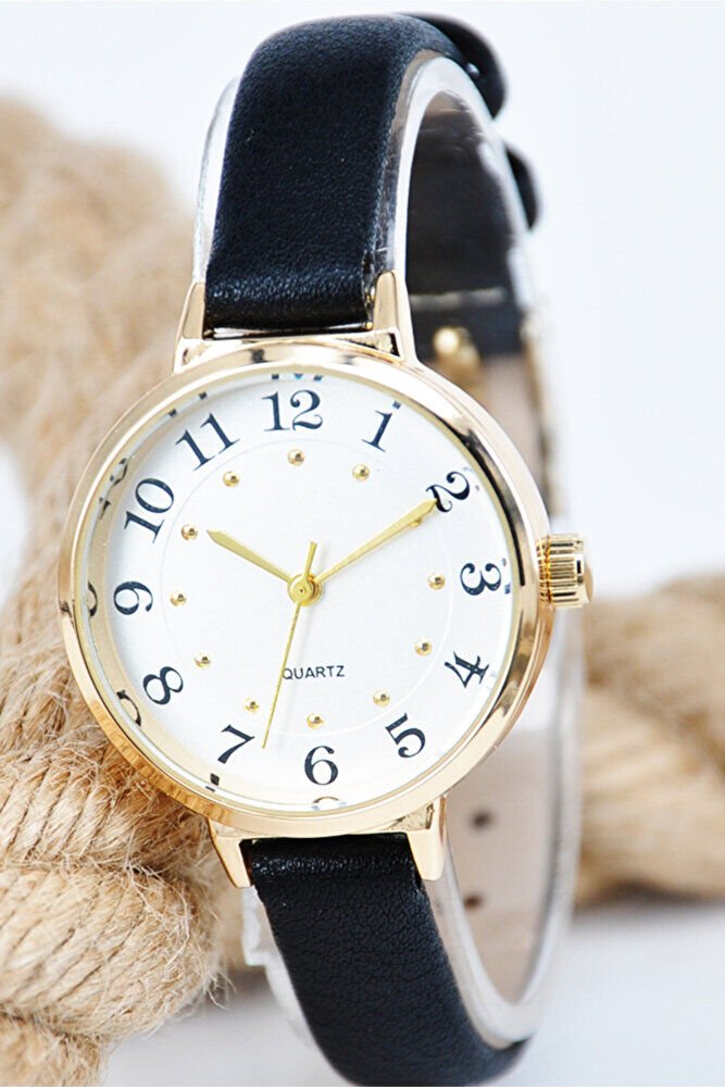 Altın Renk Kasa Siyah Deri Kordon Beyaz Kadran Kadın Quartz Klasik Günlük Şık Kol Saati