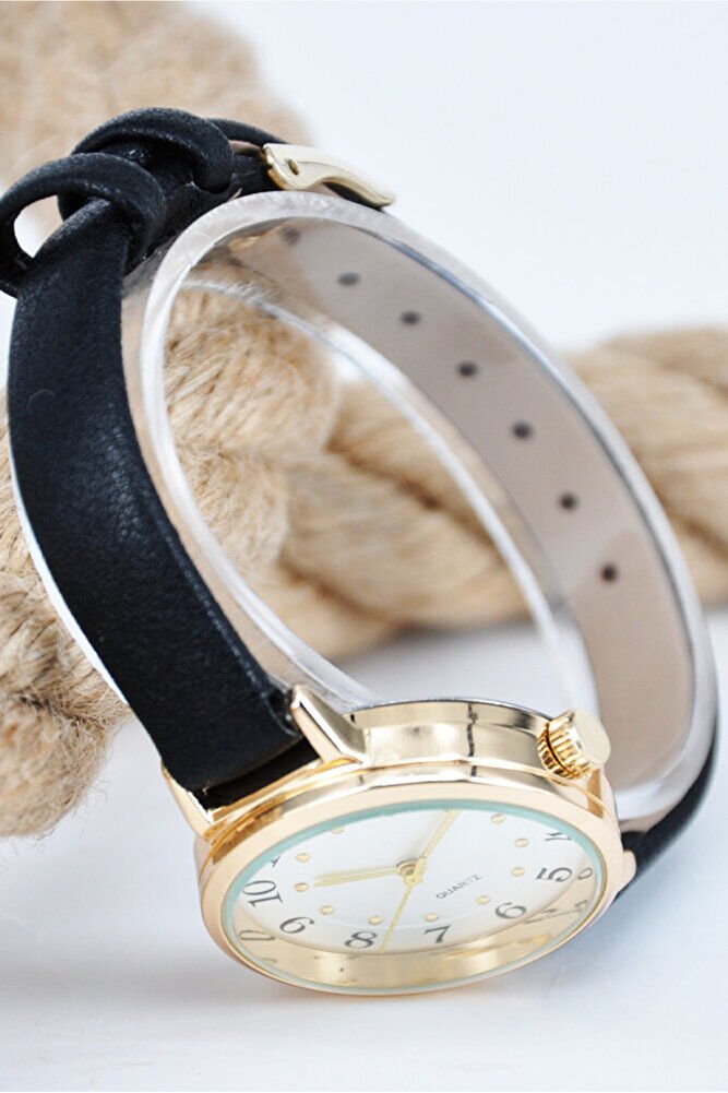 Altın Renk Kasa Siyah Deri Kordon Beyaz Kadran Kadın Quartz Klasik Günlük Şık Kol Saati