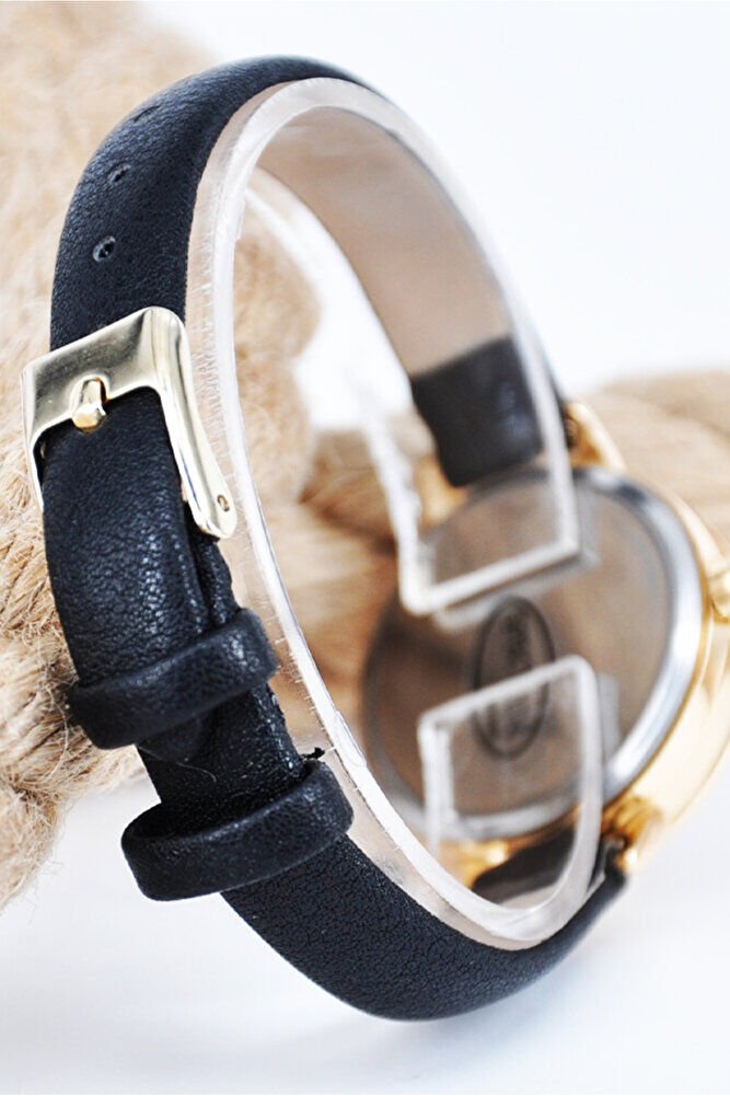 Altın Renk Kasa Siyah Deri Kordon Beyaz Kadran Kadın Quartz Klasik Günlük Şık Kol Saati