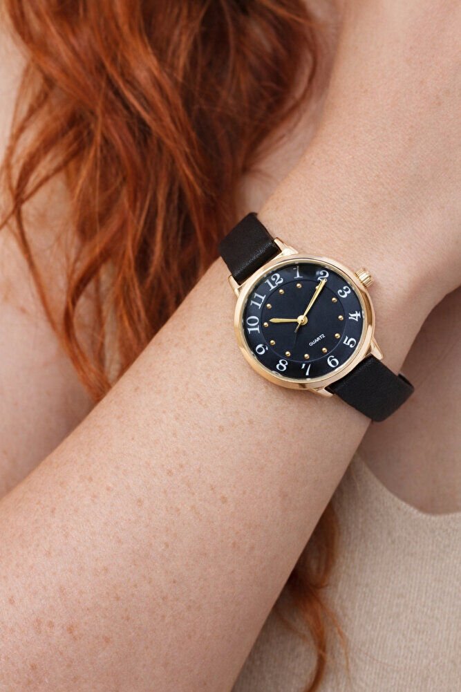 Altın Renk Kasa Siyah Deri Kordon Siyah Kadran Kadın Quartz Klasik Modern Günlük Kol Saati