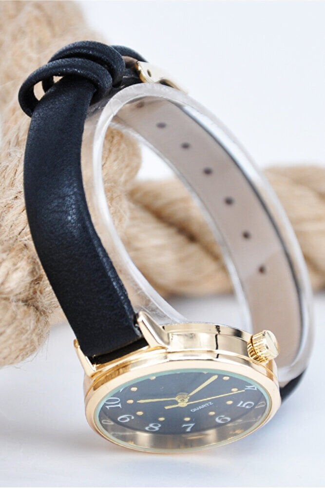 Altın Renk Kasa Siyah Deri Kordon Siyah Kadran Kadın Quartz Klasik Modern Günlük Kol Saati