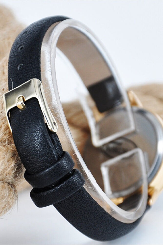 Altın Renk Kasa Siyah Deri Kordon Siyah Kadran Kadın Quartz Klasik Modern Günlük Kol Saati