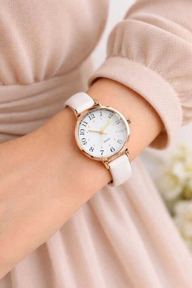 Altın Renk Kasa Beyaz Deri Kordon Kadın Günlük Klasik Modern Kol Saati