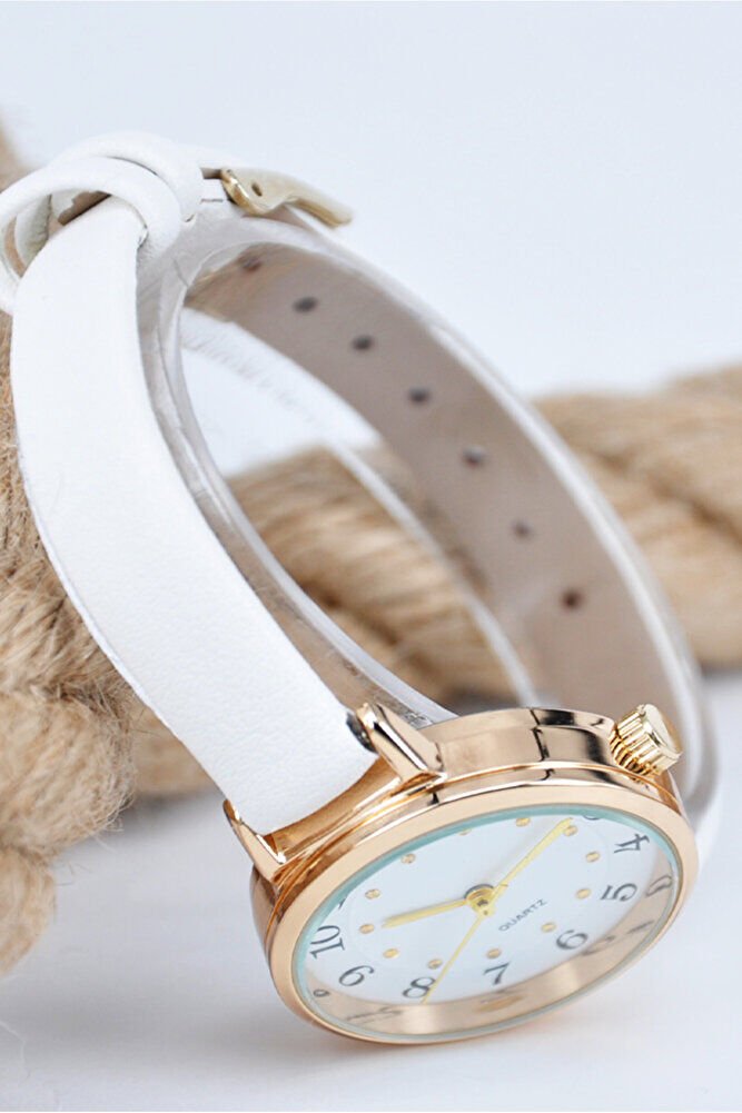 Altın Renk Kasa Beyaz Deri Kordon Kadın Günlük Klasik Modern Kol Saati