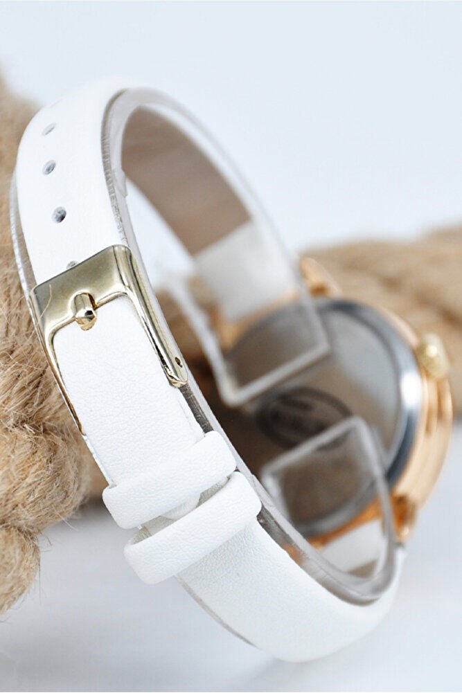 Altın Renk Kasa Beyaz Deri Kordon Kadın Günlük Klasik Modern Kol Saati