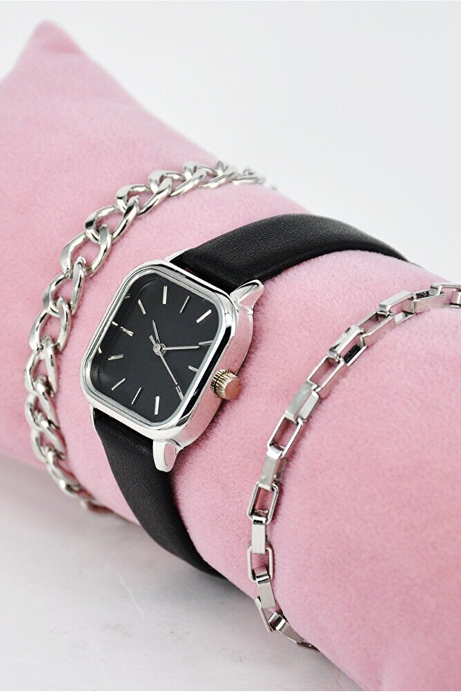 Siyah Renk Deri Kordonlu Minimal Renk Kasa Vintage Zarif Şık Kadın Kol Saati & Yanındaki Bileklikler