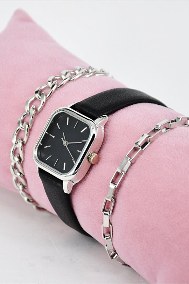 Siyah Renk Deri Kordonlu Minimal Renk Kasa Vintage Zarif Şık Kadın Kol Saati & Yanındaki Bileklikler