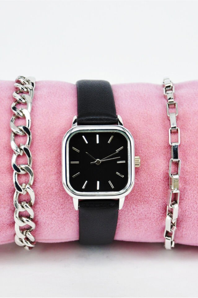 Siyah Renk Deri Kordonlu Minimal Renk Kasa Vintage Zarif Şık Kadın Kol Saati & Yanındaki Bileklikler