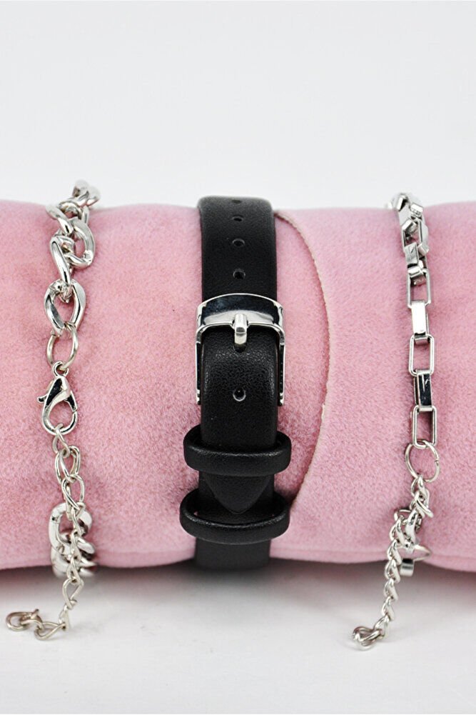 Siyah Renk Deri Kordonlu Minimal Renk Kasa Vintage Zarif Şık Kadın Kol Saati & Yanındaki Bileklikler