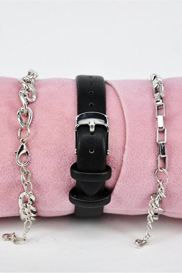 Siyah Renk Deri Kordonlu Minimal Renk Kasa Vintage Zarif Şık Kadın Kol Saati & Yanındaki Bileklikler