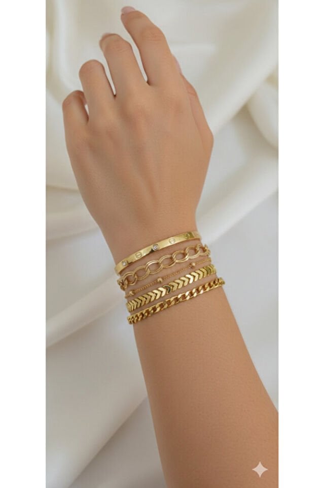 Altın Kaplama 4 Adet Bileklik ve 1 Adet Halhal Çoklu Şık Zarif Modern Kombin Set