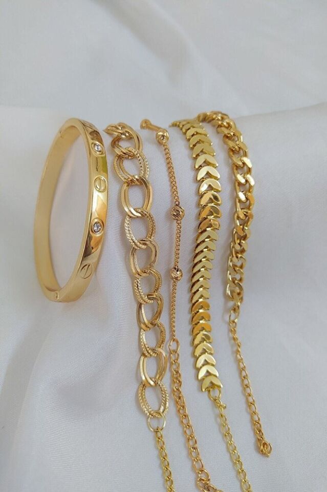 Altın Kaplama 4 Adet Bileklik ve 1 Adet Halhal Çoklu Şık Zarif Modern Kombin Set