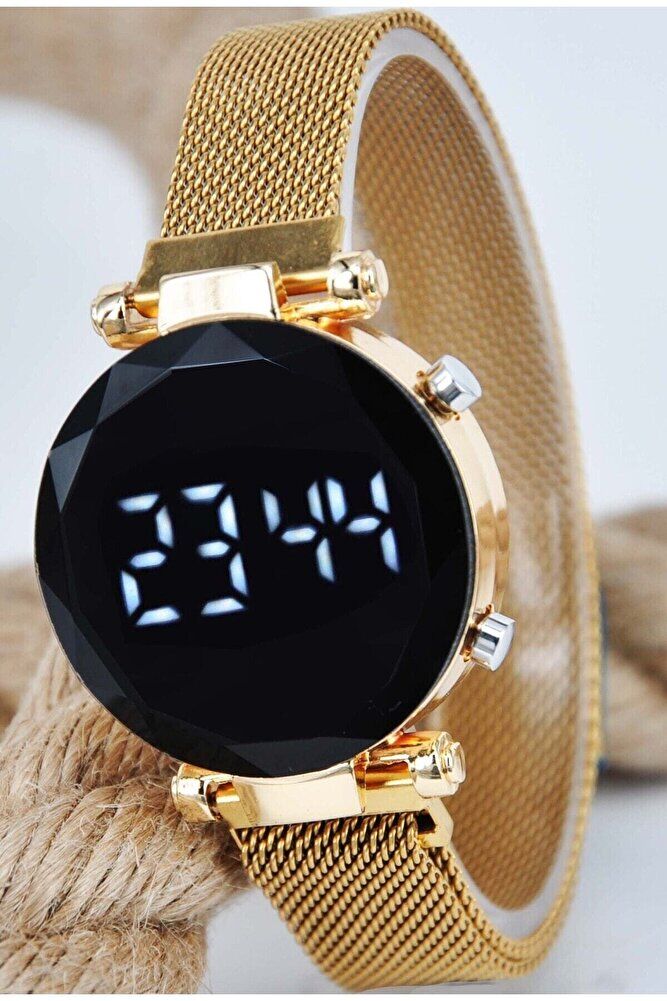Mıknatıs Hasır Kordonlu Altın Renk Kasa Şık Tasarım Tuşlu Led Kadın Modern Zarif Kol Saati