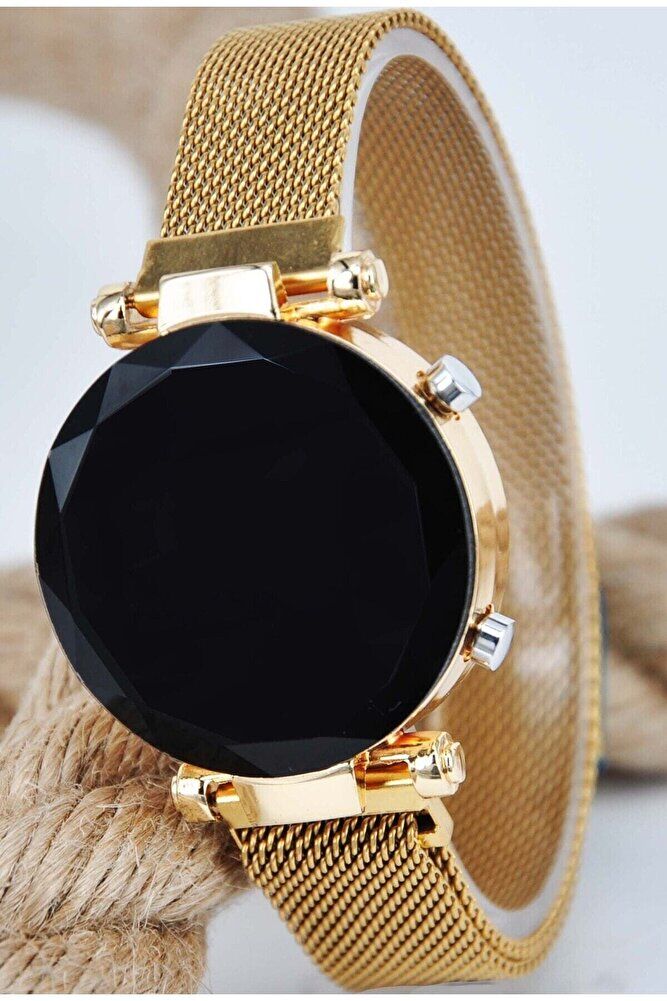 Mıknatıs Hasır Kordonlu Altın Renk Kasa Şık Tasarım Tuşlu Led Kadın Modern Zarif Kol Saati