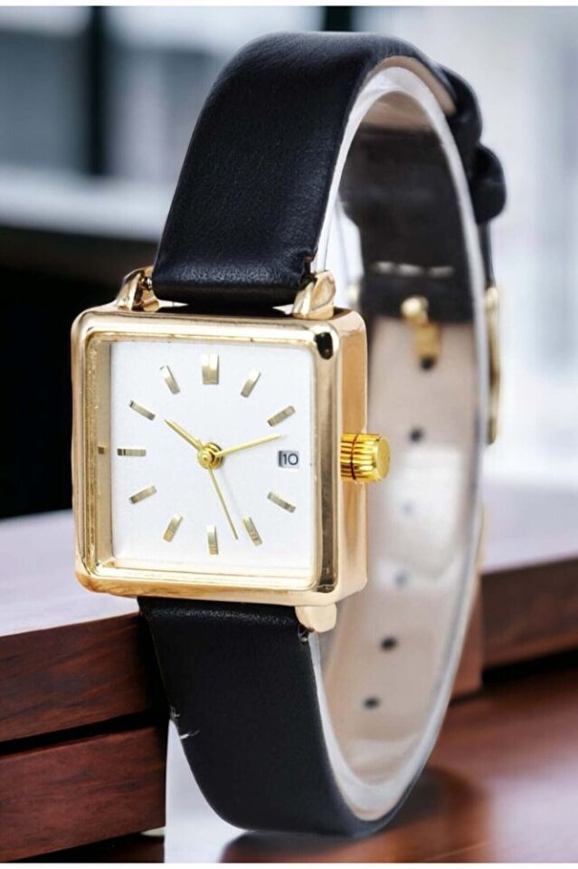 Altın Renk Kasa Takvimli Siyah Deri Kordon Genç Kız Kadın Zarif Şık Analog Kol Saati