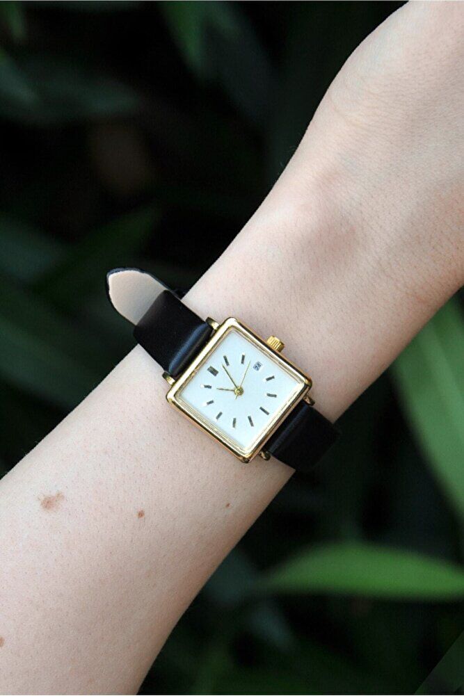 Altın Renk Kasa Takvimli Siyah Deri Kordon Genç Kız Kadın Zarif Şık Analog Kol Saati
