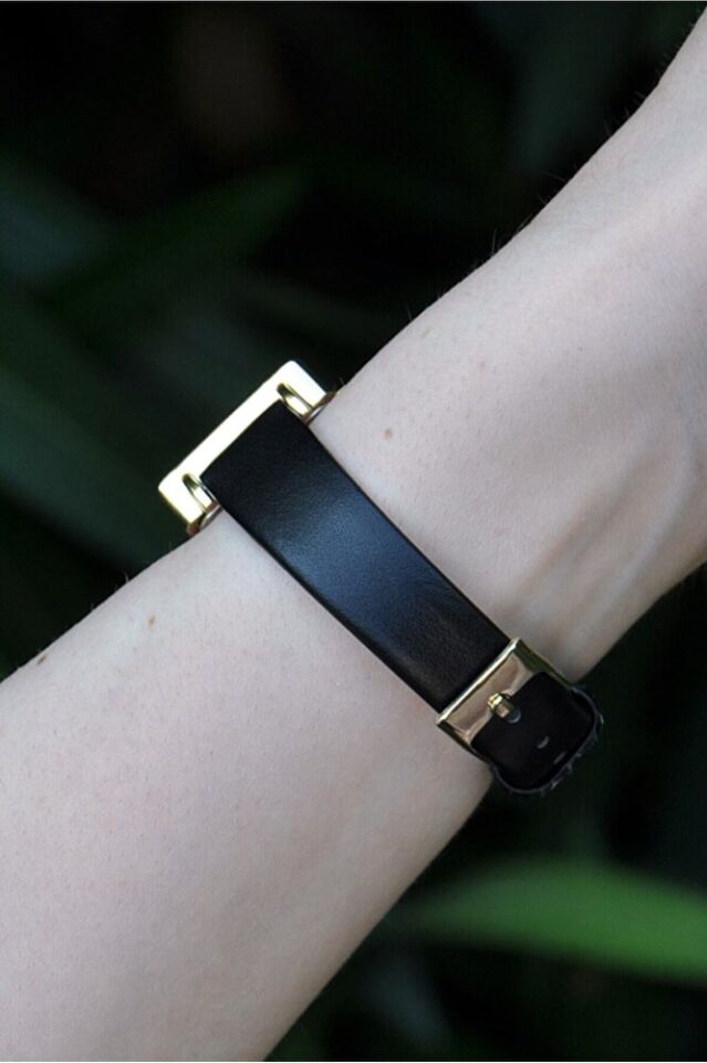 Altın Renk Kasa Takvimli Siyah Deri Kordon Genç Kız Kadın Zarif Şık Analog Kol Saati