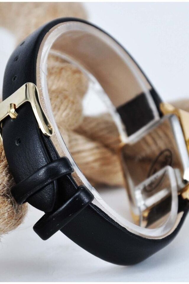 Altın Renk Kasa Takvimli Siyah Deri Kordon Genç Kız Kadın Zarif Şık Analog Kol Saati