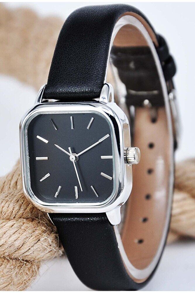Gümüş Renk Minimal Kare Kasa Siyah Yumuşak Deri Kordonlu Şık Zarif Analog Kadın Kol Saati
