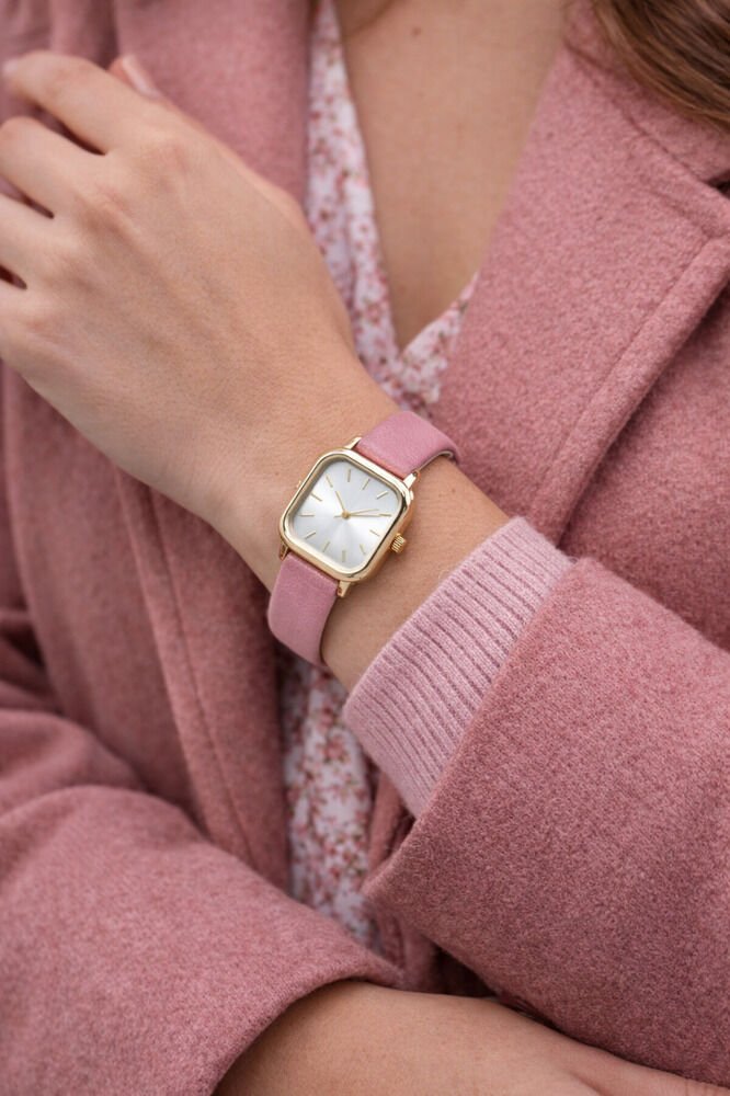 Yeni Yıl Hediyesi Altın Renk Kare Kasa Pembe Yumuşak Deri Kordonlu Şık Kadın Kol Saati Su-736