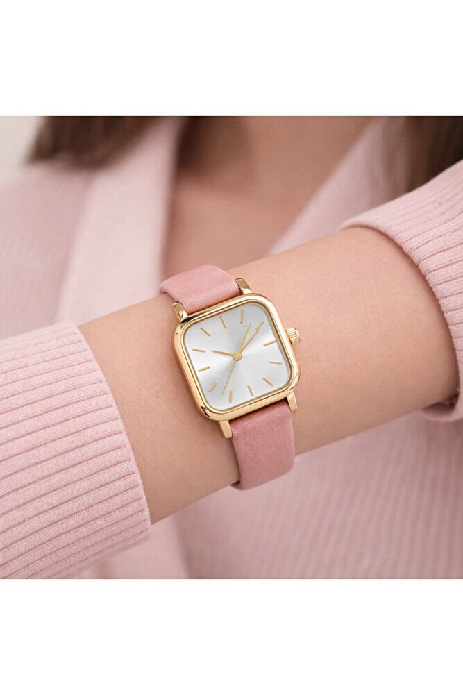 Yeni Yıl Hediyesi Altın Renk Kare Kasa Pembe Yumuşak Deri Kordonlu Şık Kadın Kol Saati Su-736
