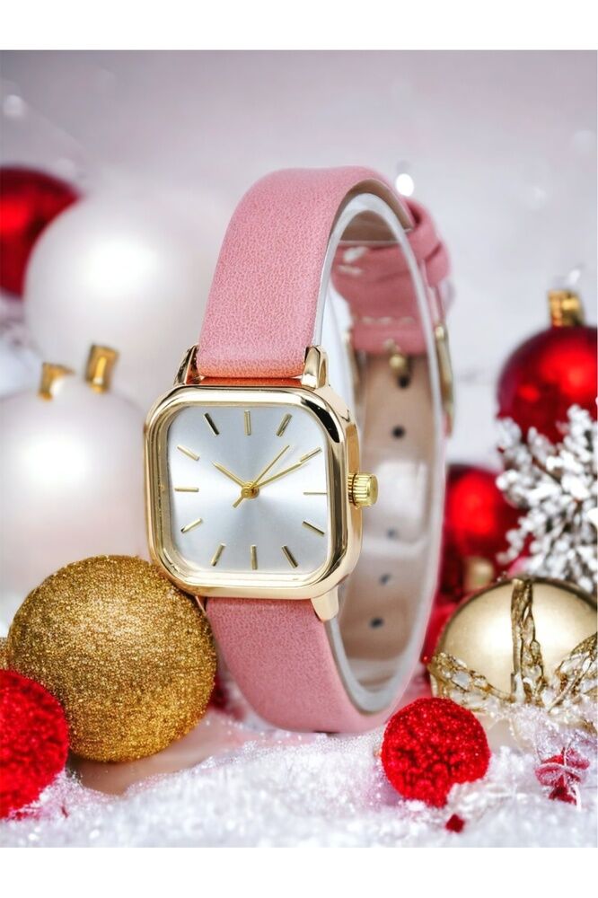 Yeni Yıl Hediyesi Altın Renk Kare Kasa Pembe Yumuşak Deri Kordonlu Şık Kadın Kol Saati Su-736