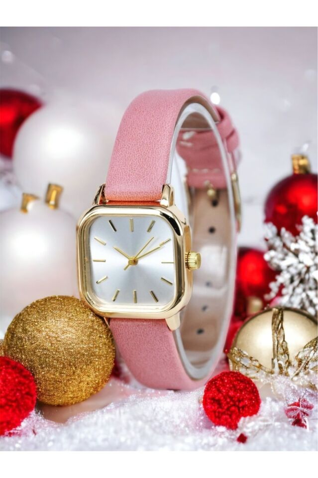 Yeni Yıl Hediyesi Altın Renk Kare Kasa Pembe Yumuşak Deri Kordonlu Şık Kadın Kol Saati Su-736