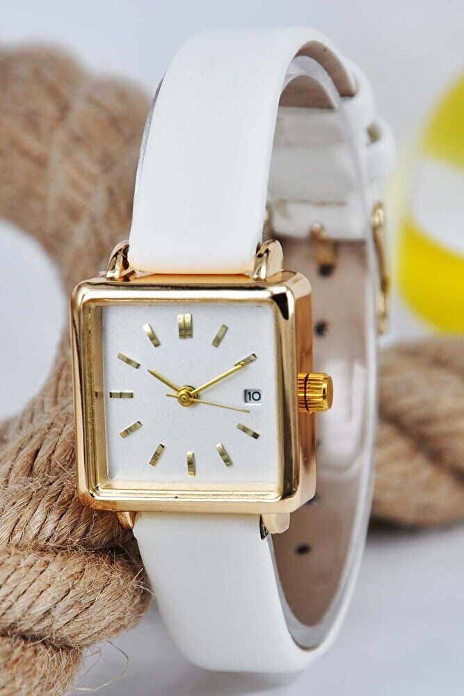 Beyaz Yumuşak Deri Kordonlu Altın Renk Kasa Takvimli Şık Vintage Kadın Kol Saati