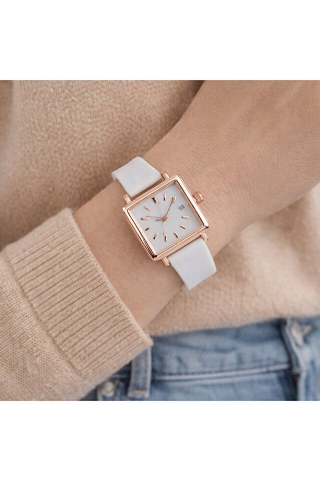 Beyaz Yumuşak Deri Kordonlu Bakır Renk Kasa Takvimli Şık Vintage Zarif Günlük Kadın Kol Saati