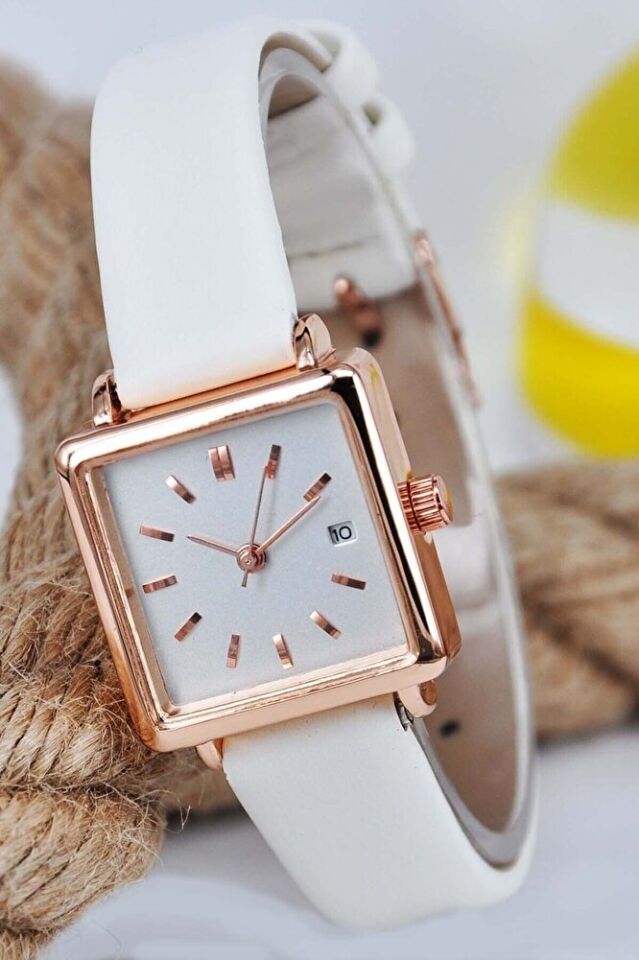 Beyaz Yumuşak Deri Kordonlu Bakır Renk Kasa Takvimli Şık Vintage Zarif Günlük Kadın Kol Saati