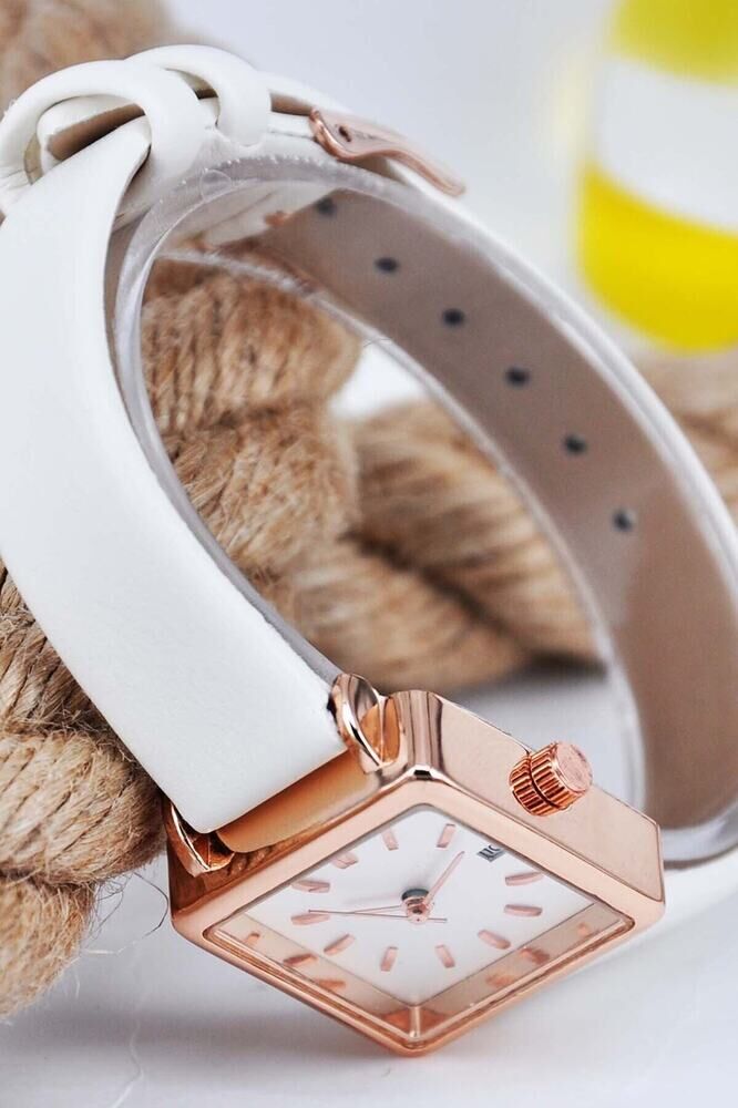 Beyaz Yumuşak Deri Kordonlu Bakır Renk Kasa Takvimli Şık Vintage Zarif Günlük Kadın Kol Saati