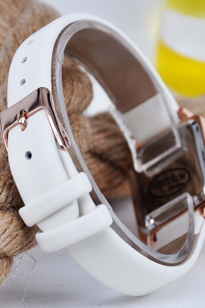 Beyaz Yumuşak Deri Kordonlu Bakır Renk Kasa Takvimli Şık Vintage Zarif Günlük Kadın Kol Saati