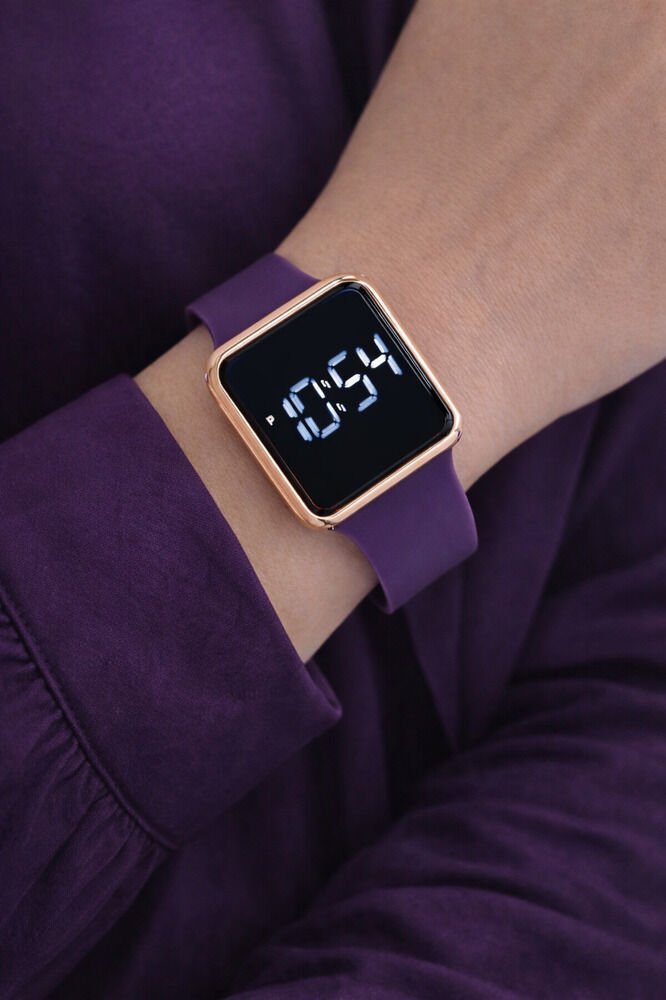 Rose Renk Kasa Mor Silikon Kordonlu Şık Sade Dokunmatik Unisex Kol Saati Su-729