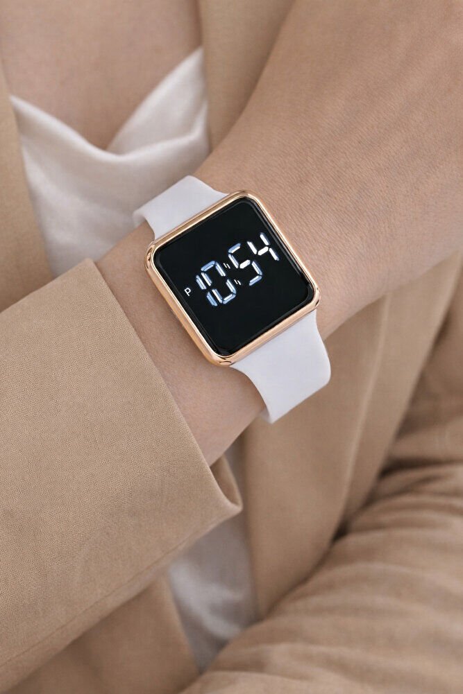 Bakır Renk Kasa Beyaz Silikon Kordonlu Şık Tasarım Dokunmatik Kadın Kol Saati Su-727