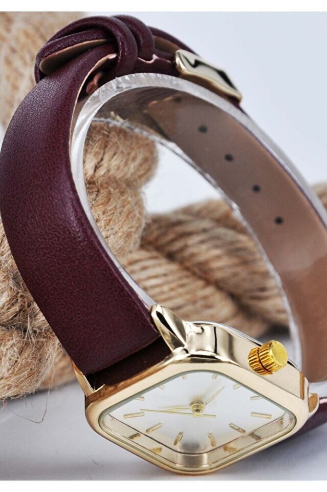 Bordo Renk Deri Kordonlu Altın Renk Kasa Kadın Şık Klasik Analog Zarif Kol Saati