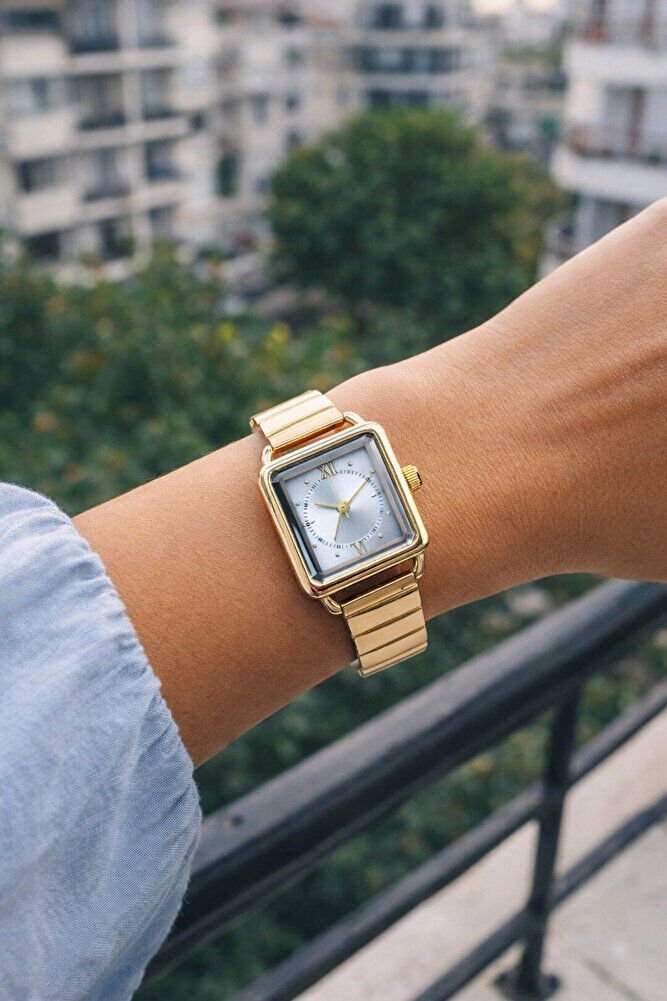 Altın Renk Minimal Kare Kasa Beyaz Kadran Roma Rakamlı Genç Kız Kadın Kol Saati Su-688