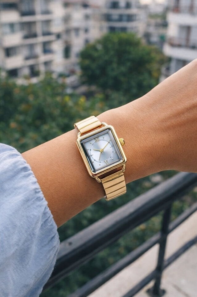 Altın Renk Minimal Kare Kasa Beyaz Kadran Roma Rakamlı Genç Kız Kadın Kol Saati Su-688