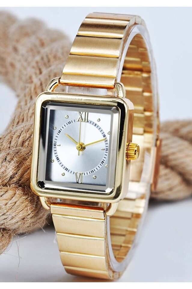 Altın Renk Minimal Kare Kasa Beyaz Kadran Roma Rakamlı Genç Kız Kadın Kol Saati Su-688