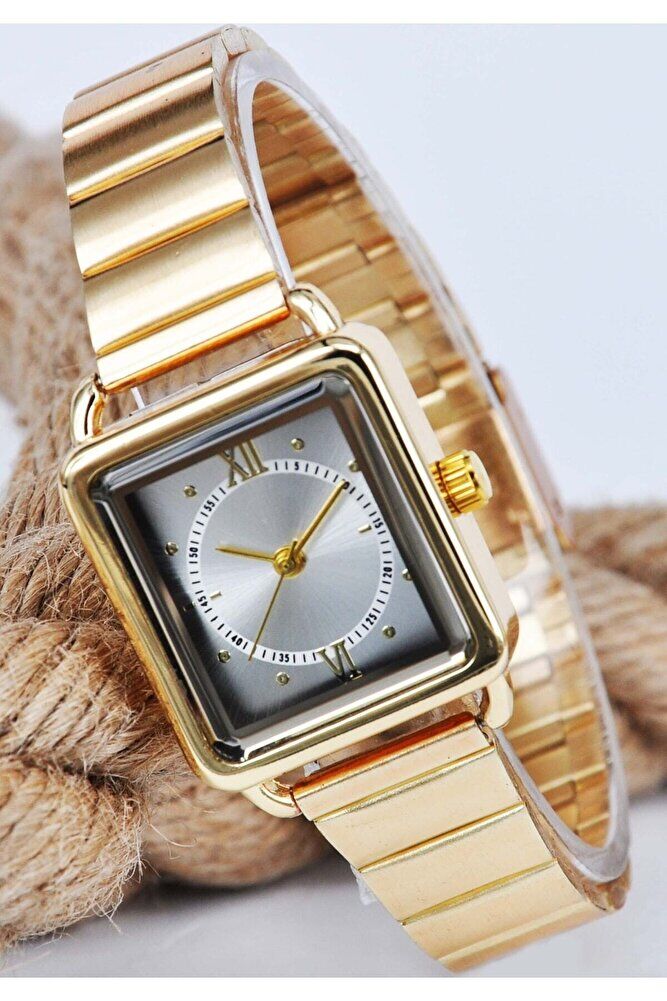 Altın Renk Minimal Kare Kasa Beyaz Kadran Roma Rakamlı Genç Kız Kadın Kol Saati Su-688