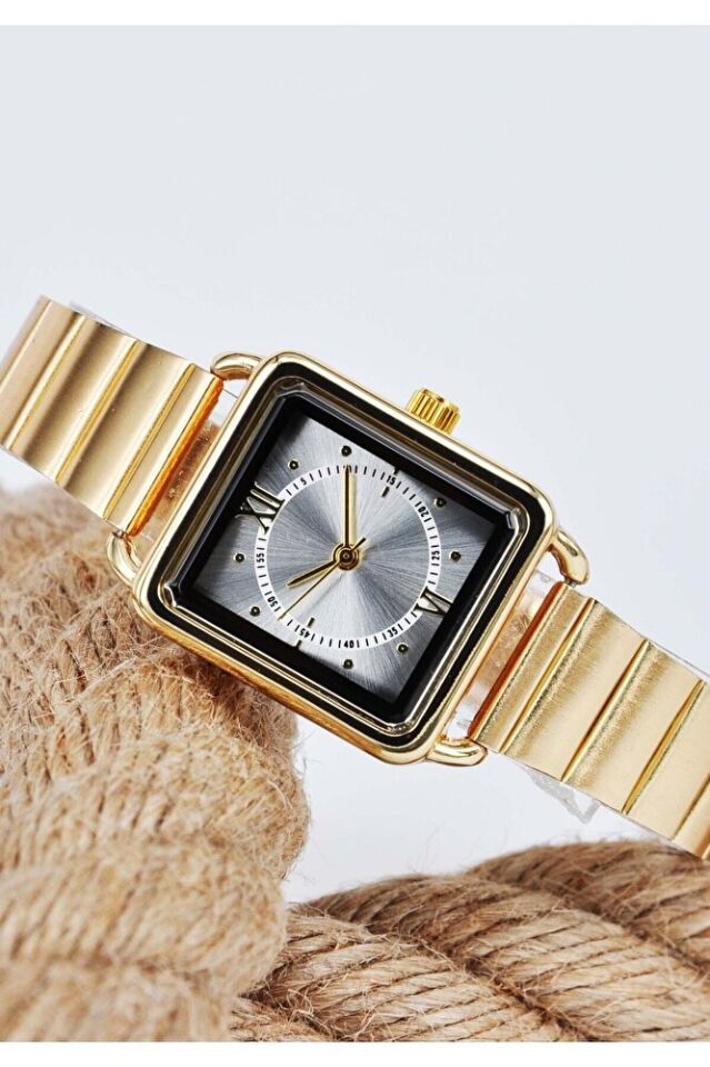 Altın Renk Minimal Kare Kasa Beyaz Kadran Roma Rakamlı Genç Kız Kadın Kol Saati Su-688