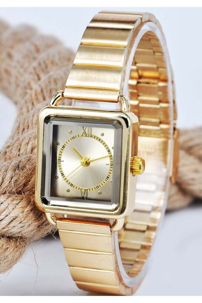 Gold Renk Minimal Kare Kasa Gold Kadran Roma Rakamlı Genç Kız Kadın Kol Saati Su-689