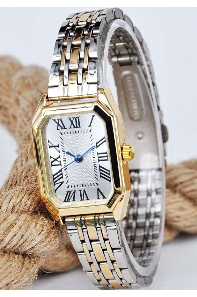 Gold Gümüş Renk Taş Detay Siyah Roma Rakam Vintage Genç Kız Kadın Kol Saati Su-687