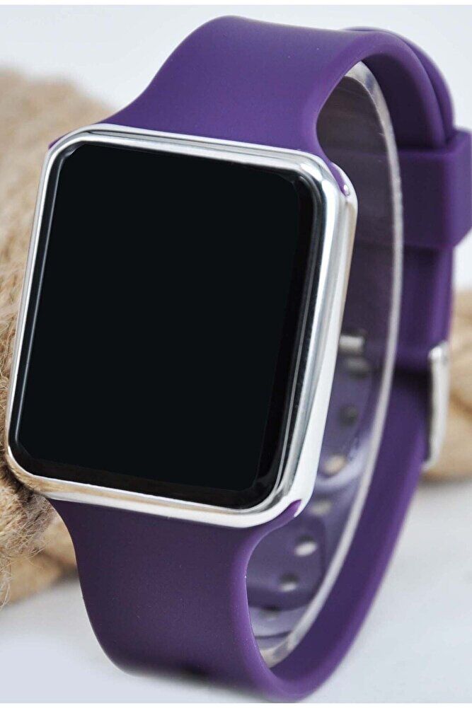 Mor Renk Silikon Kordonlu Gümüş Kasa Led Dokunmatik Unisex Modern Spor Trend Kol Saati