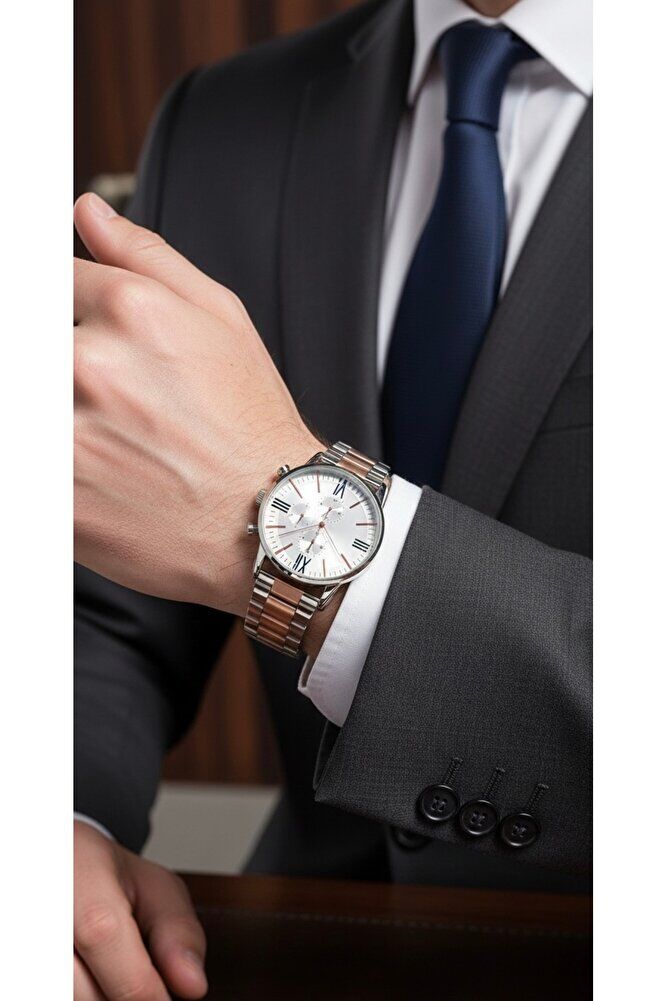 Roma Rakamlı Gümüş Renk Şık Tasarım Kronograf Görünümlü Yetişkin Erkek Kol Saati