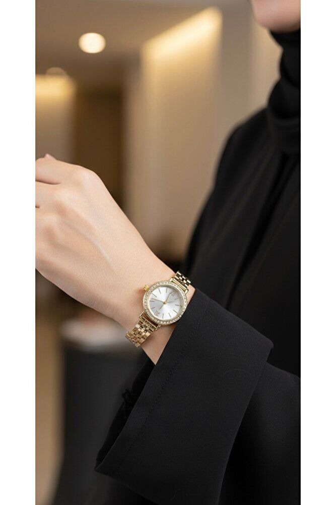 Altın Gold Renk Kordon Beyaz Kadran Şık Taş Detay Genç Kız Kadın Kol Saati Su-582