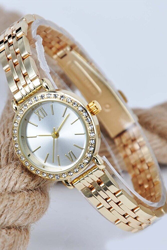 Altın Gold Renk Kordon Beyaz Kadran Şık Taş Detay Genç Kız Kadın Kol Saati Su-582