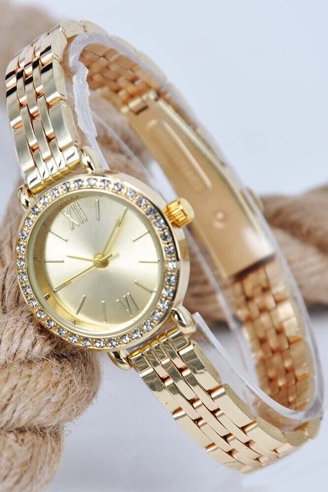 Altın Gold Renk Kordon Altın Renk Kadran Şık Taş Detay Zarif Analog Klasik Genç Kız Kadın Kol Saati