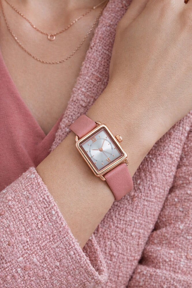 Bakır Renk Minimal Kare Kasa Pembe Deri Kordonlu Vintage Retro Zarif Şık Analog Kol Saati