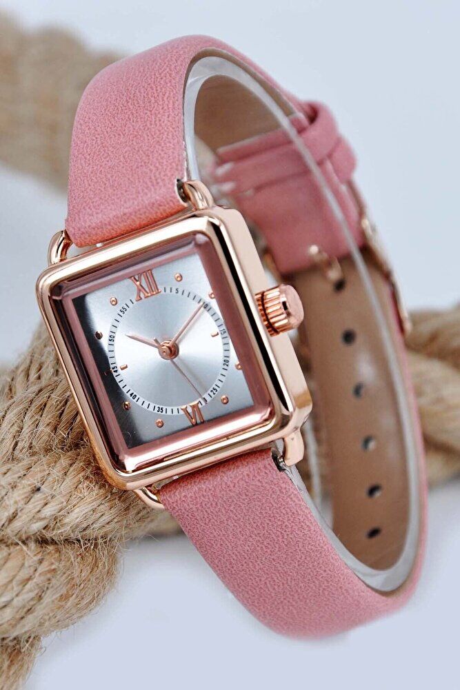 Bakır Renk Minimal Kare Kasa Pembe Deri Kordonlu Vintage Retro Zarif Şık Analog Kol Saati