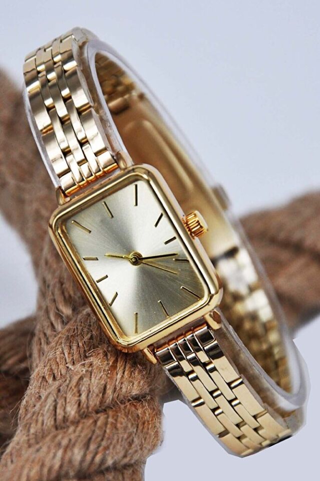 Altın Renk Vintage Minimal Kasa Metal Kordon Analog Zarif Şık Günlük Ofis Gold Kadın Kol Saati